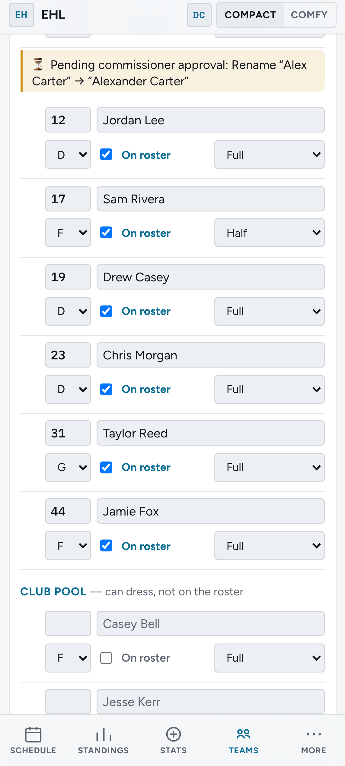 The roster on a phone, two lines per player